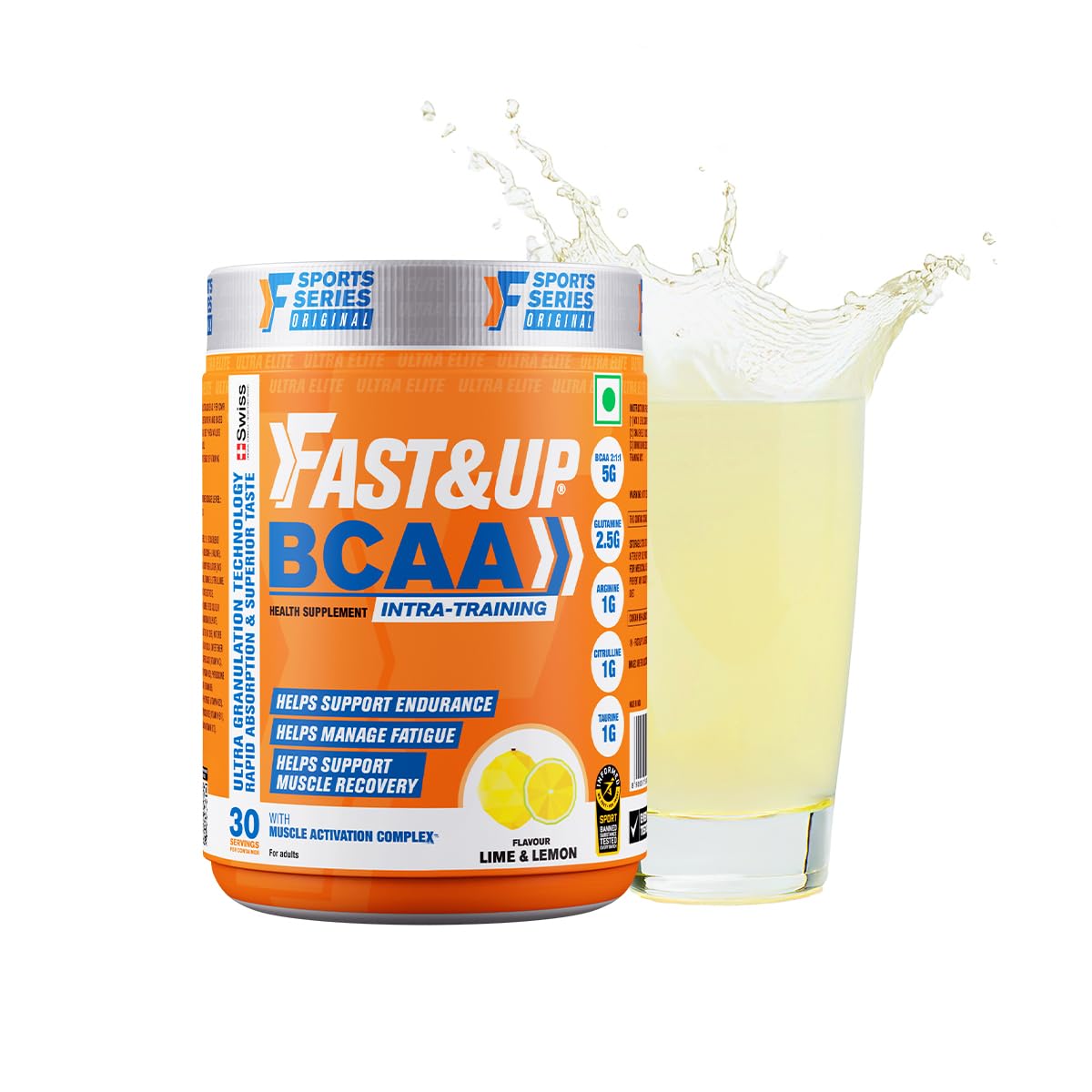FAST&UP BCAA Lime Lemon Flavour Advanced BCAA Supplement with Glutamine, Citrulline, L-Arginine & Taurine - Pre/Post Workout & Intra Workout Supplement Powder for Adults(450gm, 30 Servings)