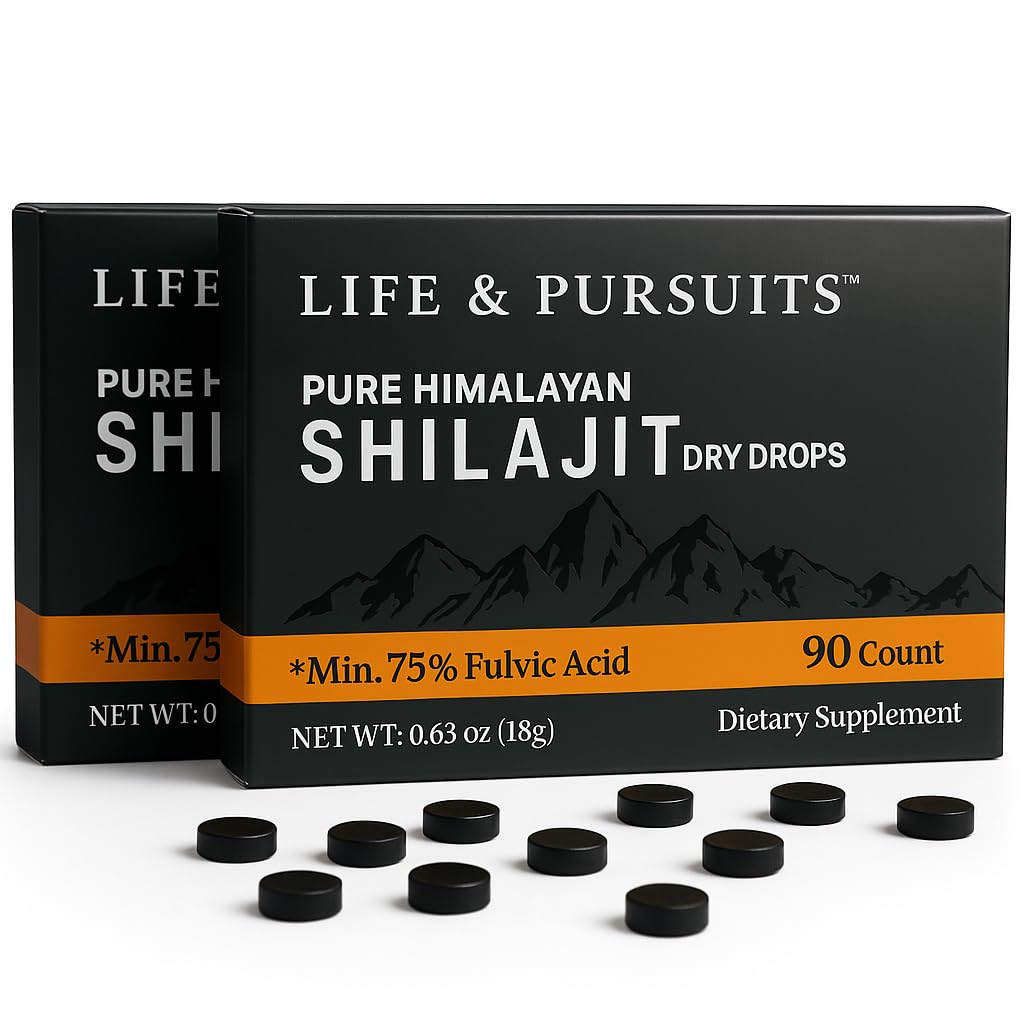 Life & Pursuits Pure Real India Himalayan Shilajit Dry Drops 180 Tablets, 200mg, 85+ Trace Minerals, Minimum 75% Fulvic Acid, Gold Grade Dietary Supplement for Men, With 3rd Party Lab Test Report