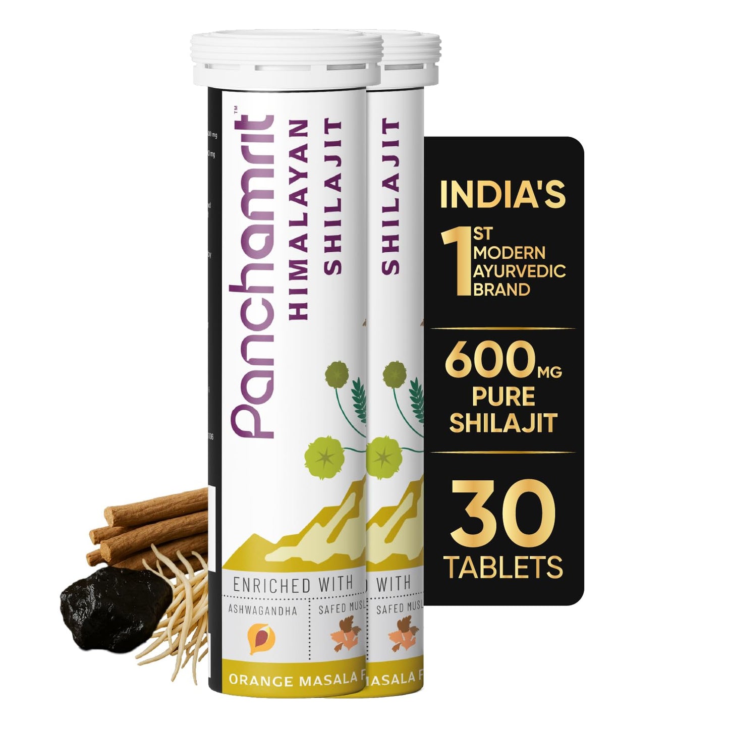 Panchamrit Pure Himalayan Shilajit Effervescent Tablets | 600mg Shilajeet Supplement for Men & Women | Stamina & Energy Booster | 100% Ayurvedic | Ashwagandha, Safed Musli |15 Tablets, Pack of 4