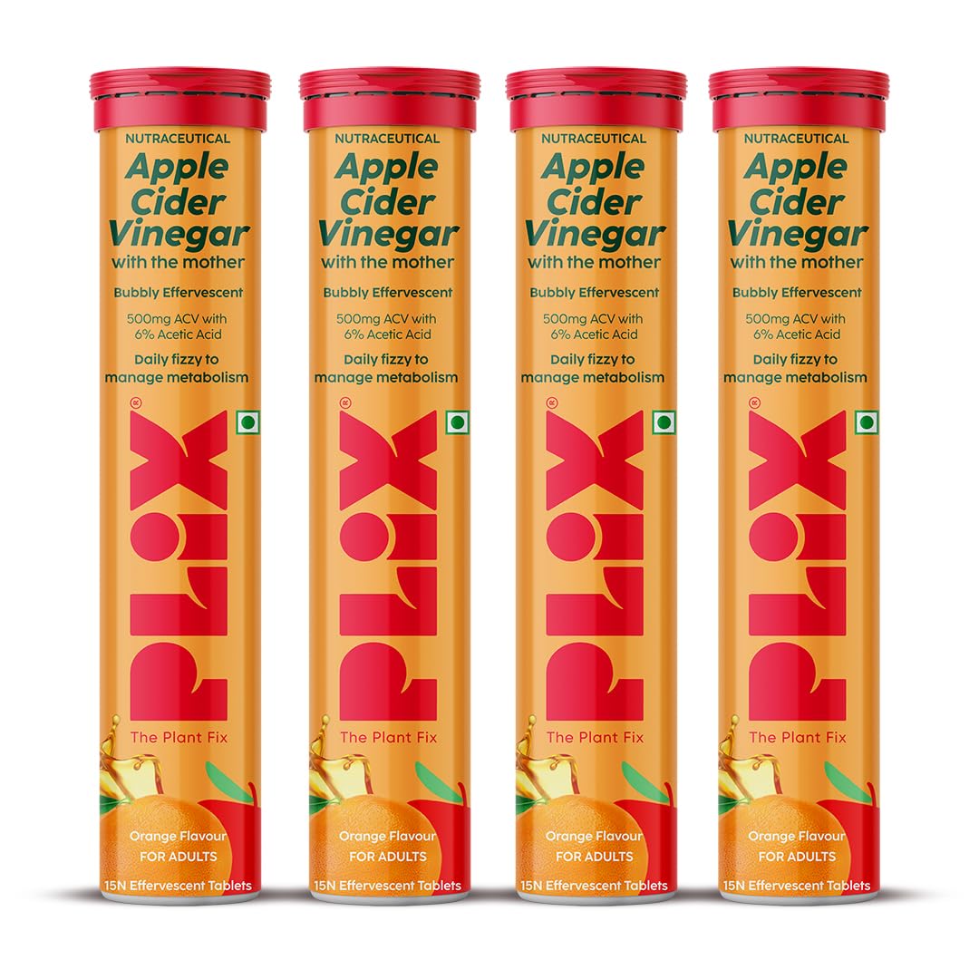 THE PLANT FIX Apple Cider Vinegar Effervescent Tablet with mother | Supports Metabolism & Appetite Control I With 500mg ACV, Vit B6 & B12 I No Maltodextrin, No Added Sugar I Pack of 4 (60 tablets)