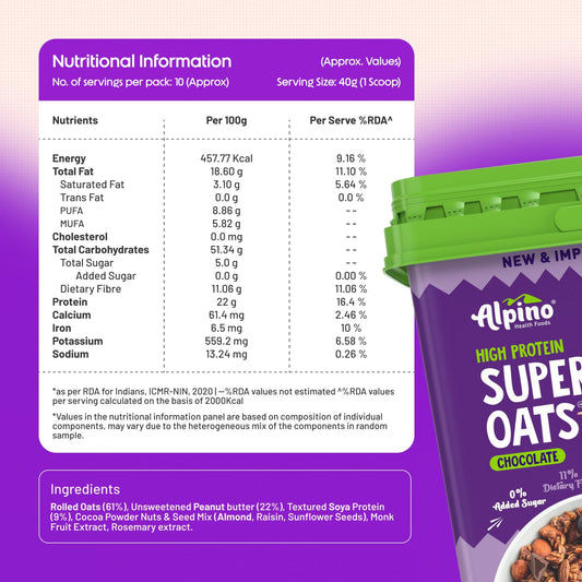 ALPINO 22% High Protein Super Oats Chocolate 2.5kg – Rolled Oats, Natural Peanut Butter, Cocoa Powder, Nuts & Seeds – 22g Protein, Source of Dietary Fibre & Healthy Fats, No Added Sugar & Salt
