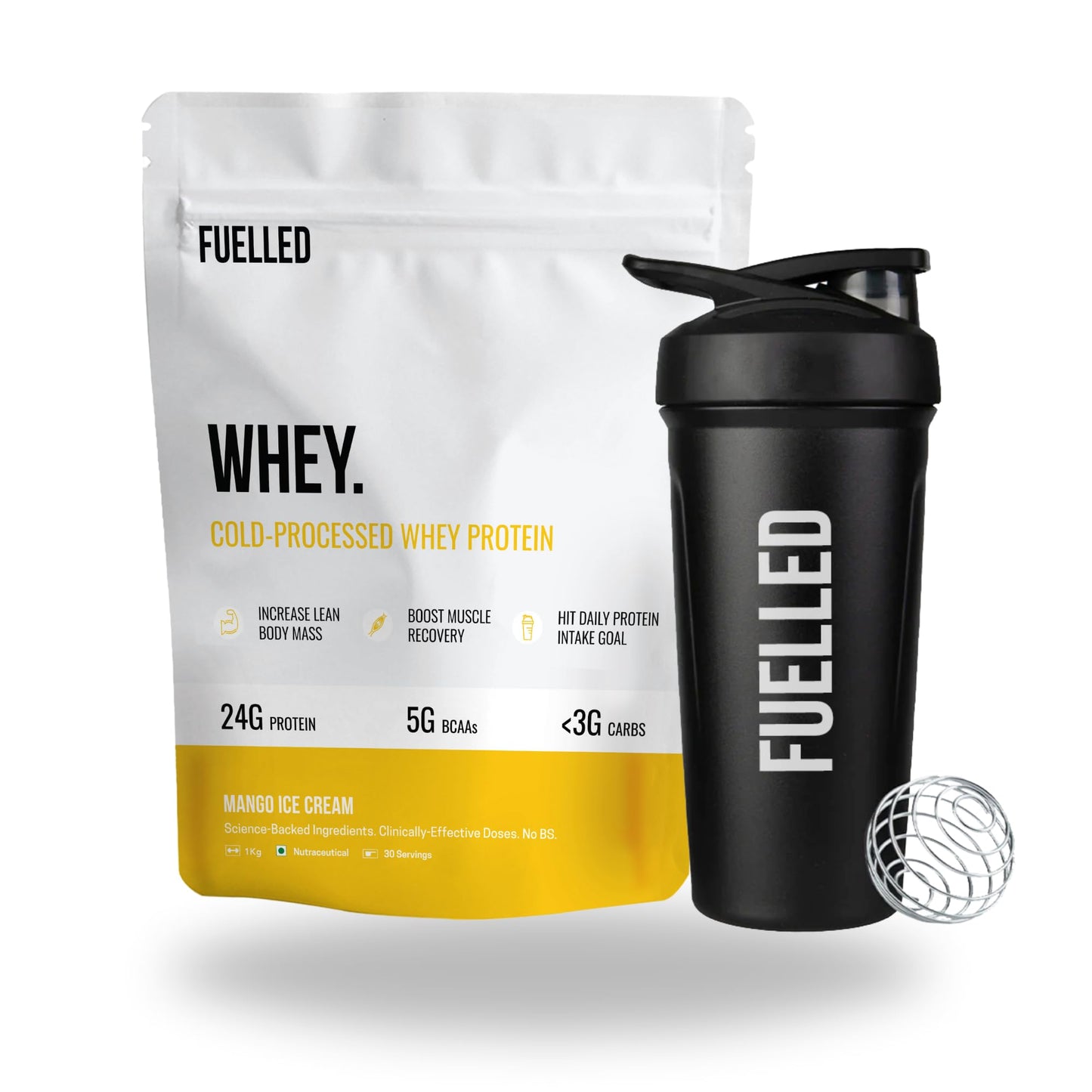 FUELLED Whey Protein Powder Concentrate & Isolate with 24 g Protein, 5 g BCAA (1 kg, 30 Servings) Lab Tested (Mango Ice Cream)