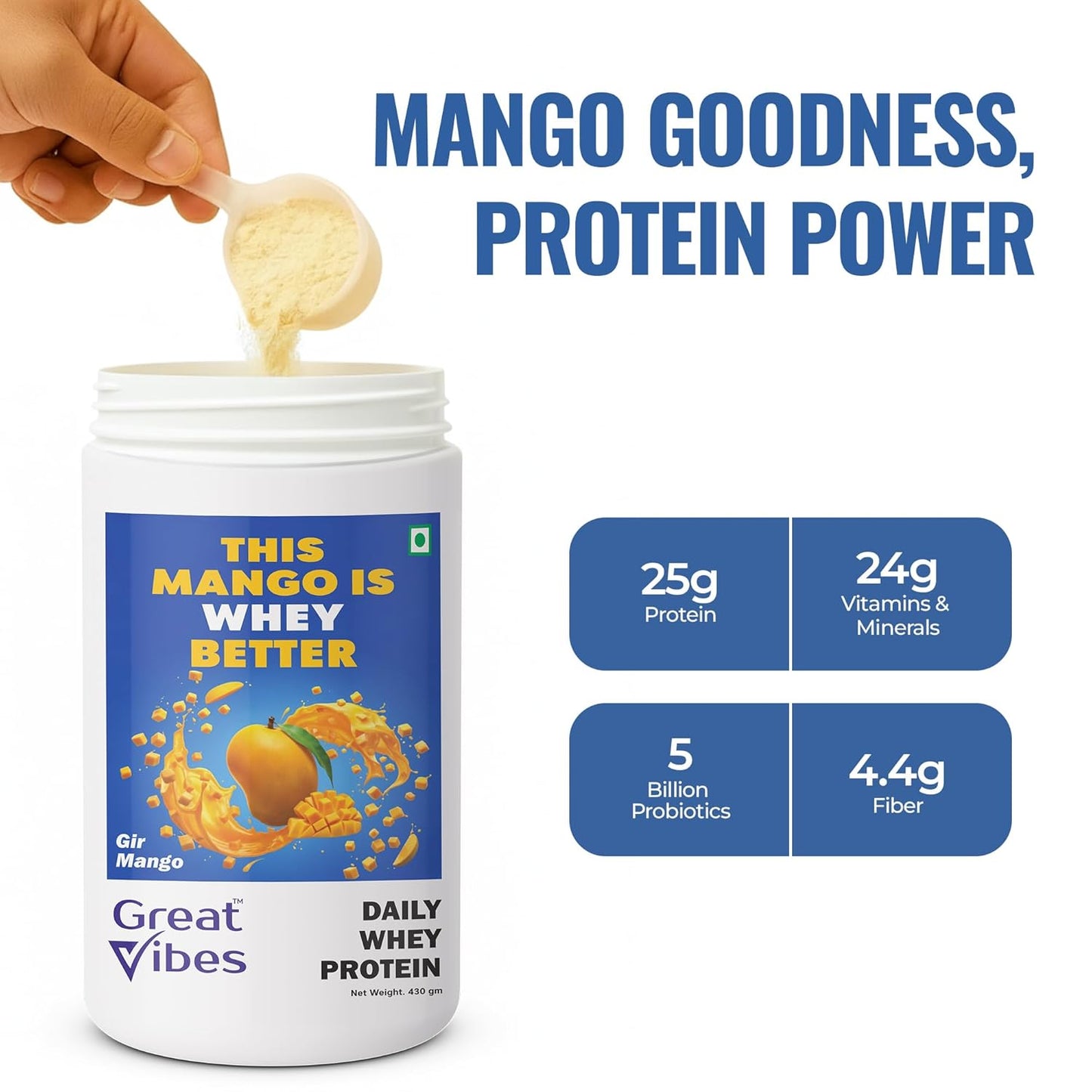 Great Vibes Mango Flavored Whey Protein Concentrate | 25g Protein, 4.5g BCAA & 5B CFU Probiotics & Digestive Enzymes | Zero Sugar Protein Powder for Men & Women For Muscle Gain, Weight Loss & Gut Health