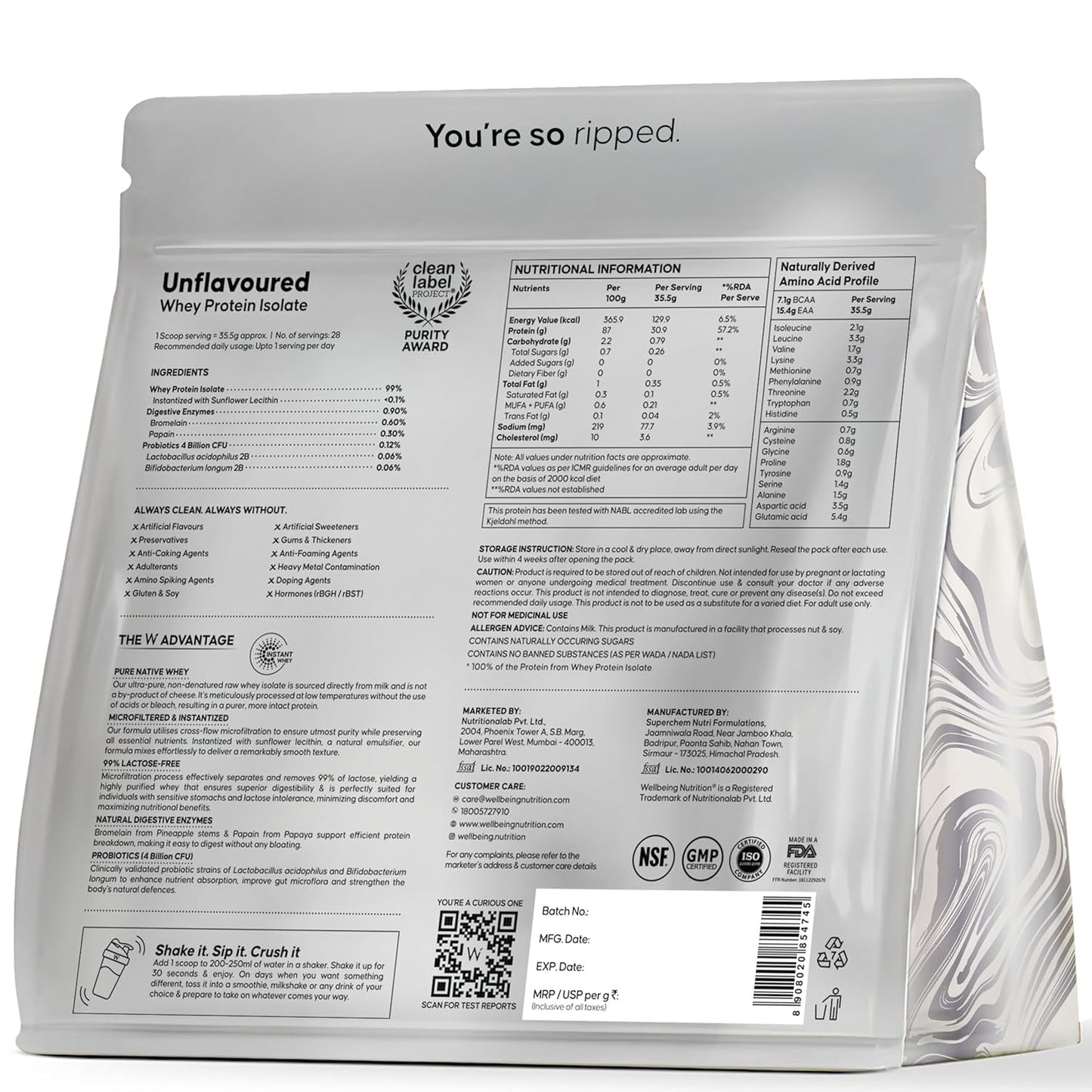 Wellbeing Nutrition Whey Protein Isolate 1kg Unflavoured | 31g Protein, 7.1g BCAA | 4B CFU Probiotics & Natural Digestive Enzymes | Fast Absorbing, No Bloating, Easy to Digest | Faster Muscle Recovery