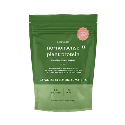 Cosmix No-Nonsense Plant Protein | 24 Protein/Serve, 500g Pouch | Japanese Ceremonial Matcha | Plant Based Protein, Pea & Rice Isolate | Clean, Easy to Digest | All Essential Amino Acids