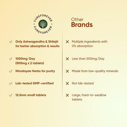 CUREFOREVER Shilajit & Ashwagandha Tablets 1000mg/Serving - Natural Ayurvedic Formula to Support Energy, Muscle Growth & Stamina, Natural Stress Relief Tablets | Himalyan Shilaijt/Shilajeet for Men (60 Count (Pack of 2))