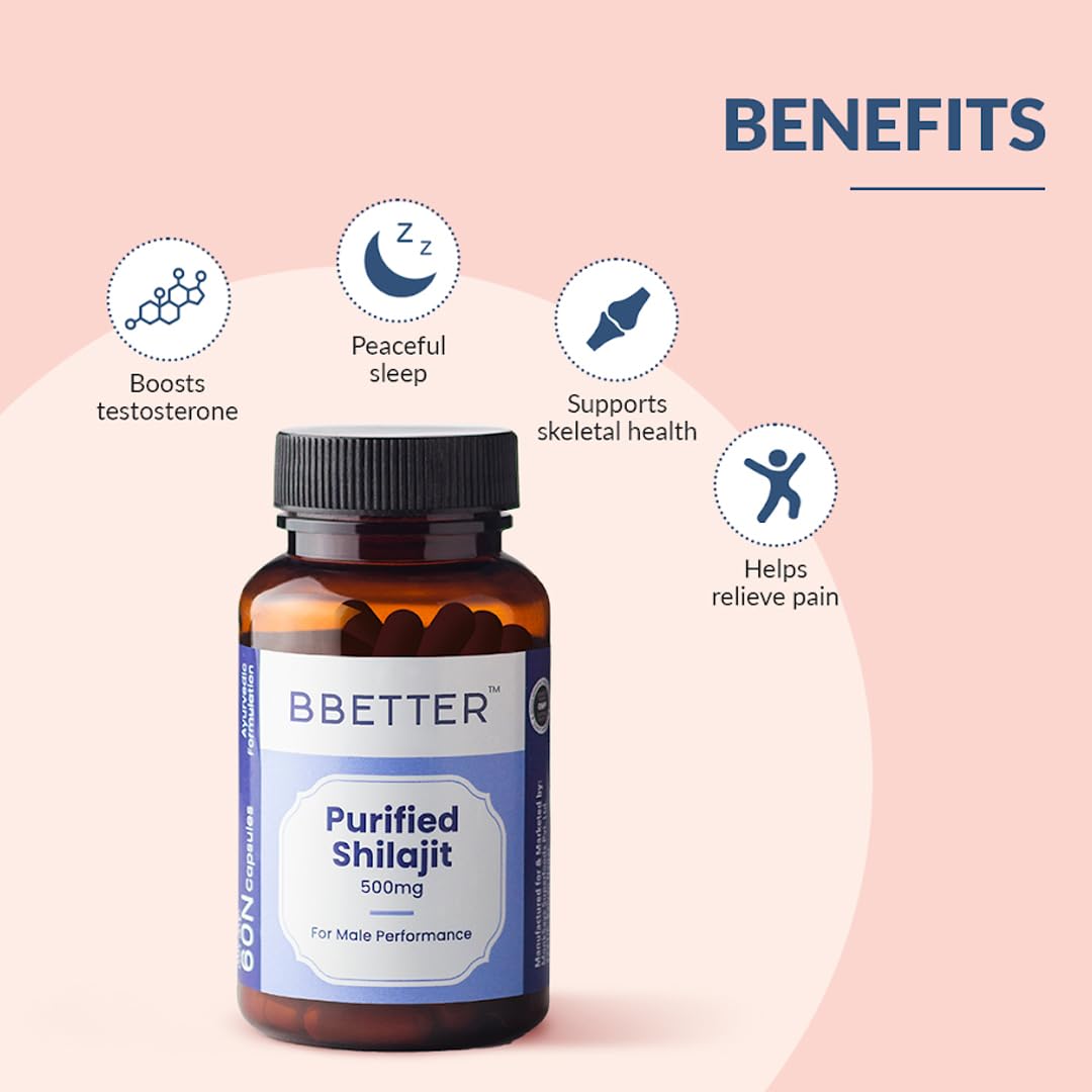 BBETTER Purified Shilajit 500mg | Lab Tested Shilajeet for Stamina, Strength, Muscle & Vitality Support for Men | Supports Healthy Testosterone Level | Pure Himalayan Shilajit Extract - 60 Capsules