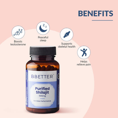 BBETTER Purified Shilajit 500mg | Lab Tested Shilajeet for Stamina, Strength, Muscle & Vitality Support for Men | Supports Healthy Testosterone Level | Pure Himalayan Shilajit Extract - 60 Capsules
