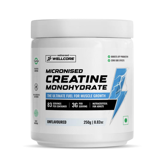 Wellcore Pure Micronised Creatine Powder (83 Servings, Unflavoured) For Enhanced Muscle Strength With Rapid Absorption | Creatine Monohydrate | Wellcore Creatine - 250g
