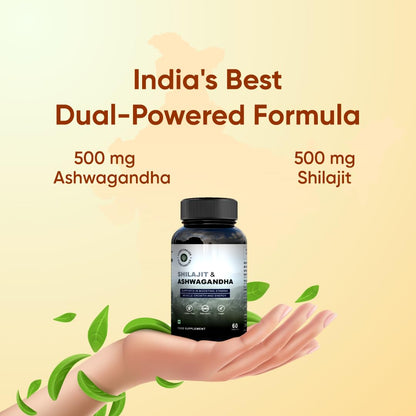 CUREFOREVER Shilajit & Ashwagandha Tablets 1000mg/Serving - Natural Ayurvedic Formula to Support Energy, Muscle Growth & Stamina, Natural Stress Relief Tablets | Himalyan Shilaijt/Shilajeet for Men (60 Count (Pack of 2))