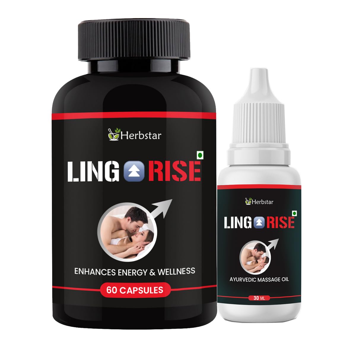Ling Rise Combo Pack | Ayurvedic Capsules & Massage Oil for Men | Long Mota Lamba Support, Strength & Power Booster | With Ashwagandha, Safed Musli & Shilajit – 60 Capsules + 30ml Oil
