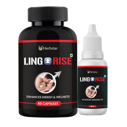 Ling Rise Combo Pack | Ayurvedic Capsules & Massage Oil for Men | Long Mota Lamba Support, Strength & Power Booster | With Ashwagandha, Safed Musli & Shilajit – 60 Capsules + 30ml Oil