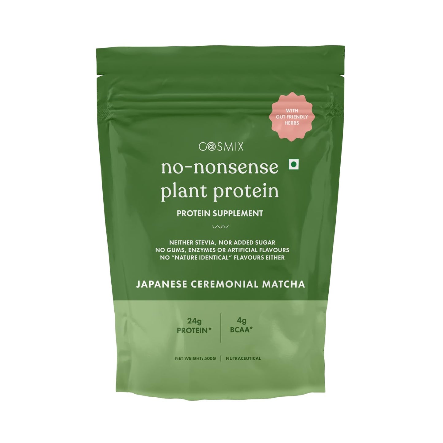 Cosmix No-Nonsense Plant Protein | 24 Protein/Serve, 500g Pouch | Japanese Ceremonial Matcha | Plant Based Protein, Pea & Rice Isolate | Clean, Easy to Digest | All Essential Amino Acids