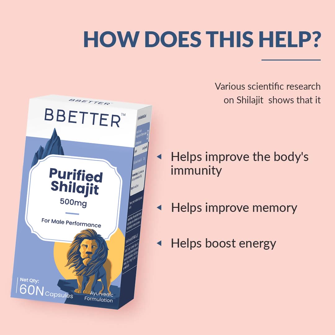 BBETTER Purified Shilajit 500mg | Lab Tested Shilajeet for Stamina, Strength, Muscle & Vitality Support for Men | Supports Healthy Testosterone Level | Pure Himalayan Shilajit Extract - 60 Capsules