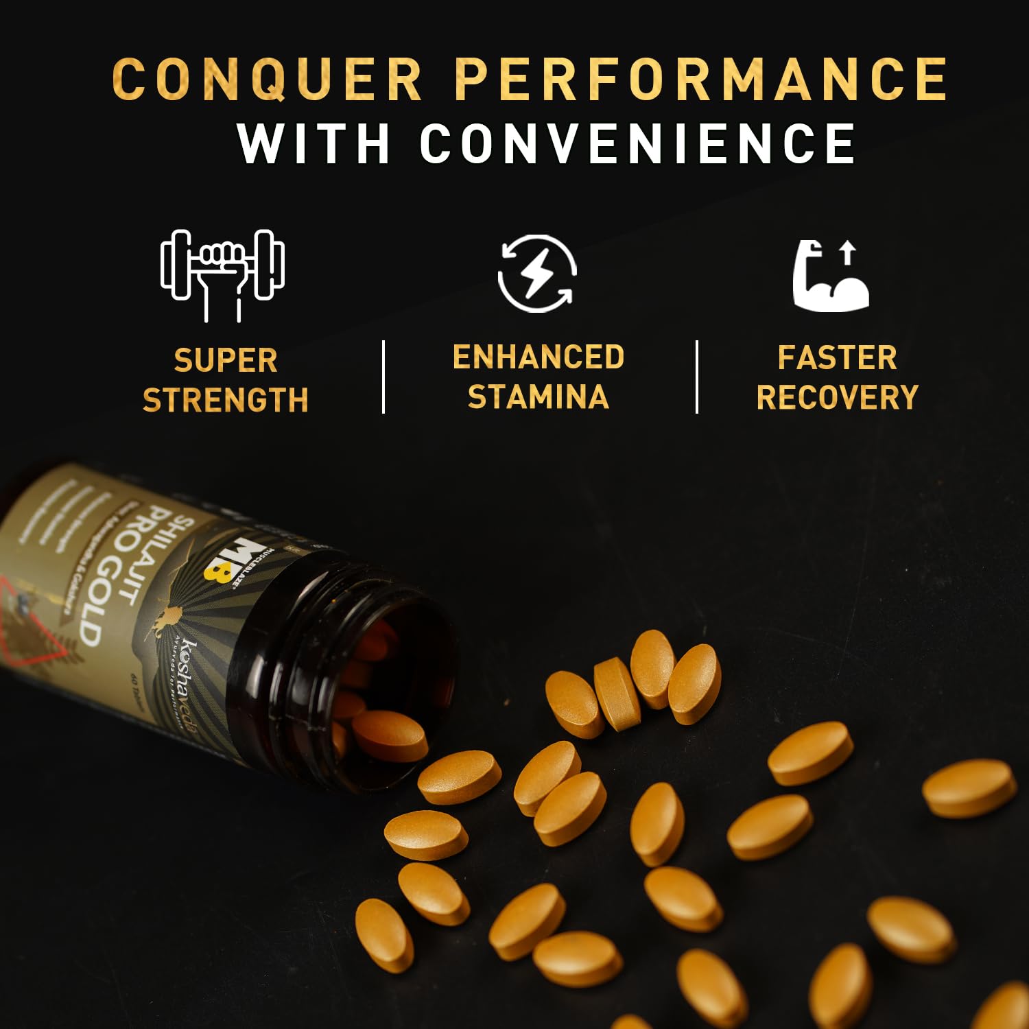 Koshaveda Shilajit Pro Gold by MuscleBlaze (60 Tablets) | Fortified with 24 Carat Gold, Shilajit, Ashwagandha & Gokshura | For Strength, Stamina & Recovery