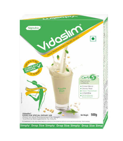 Vidaslim Meal Replacement Protein Health Shake | For Weight Management & Control | 22.8g Protein Per Serve | For Men & Women | Enriched with L-Carnitine, Green Tea & White Kidney Bean Extracts | (500g, Vanilla Elixir)