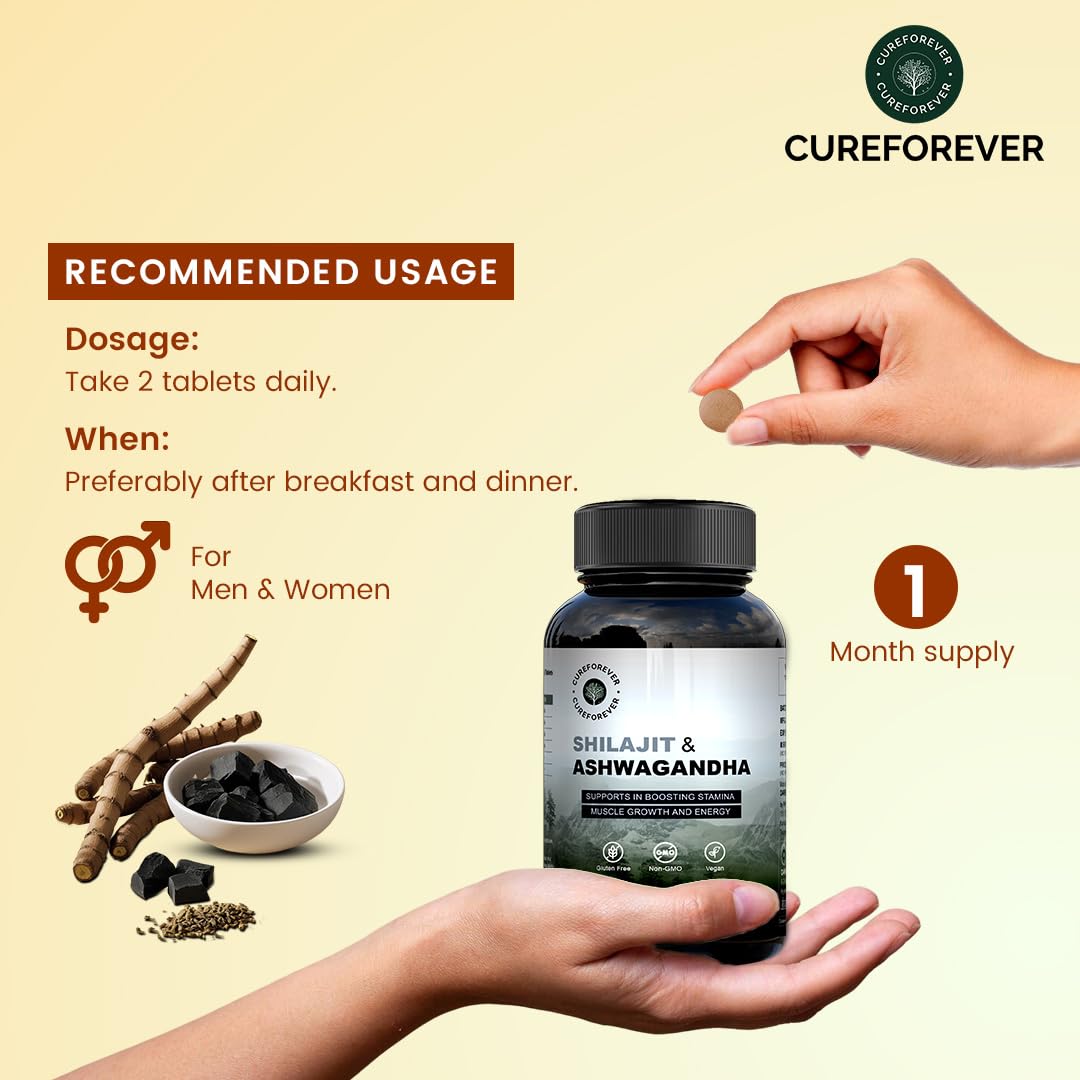 CUREFOREVER Shilajit & Ashwagandha Tablets 1000mg/Serving - Natural Ayurvedic Formula to Support Energy, Muscle Growth & Stamina, Natural Stress Relief Tablets | Himalyan Shilaijt/Shilajeet for Men