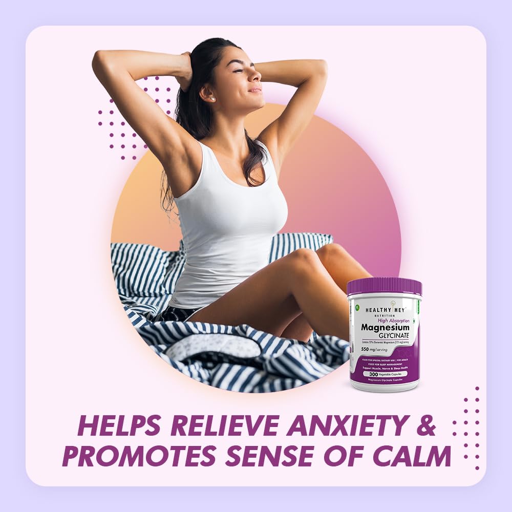 HealthyHey Nutrition Magnesium Glycinate High Absorption for Sleep, Cramps, & Nerves Health -300 Vegetable Capsules