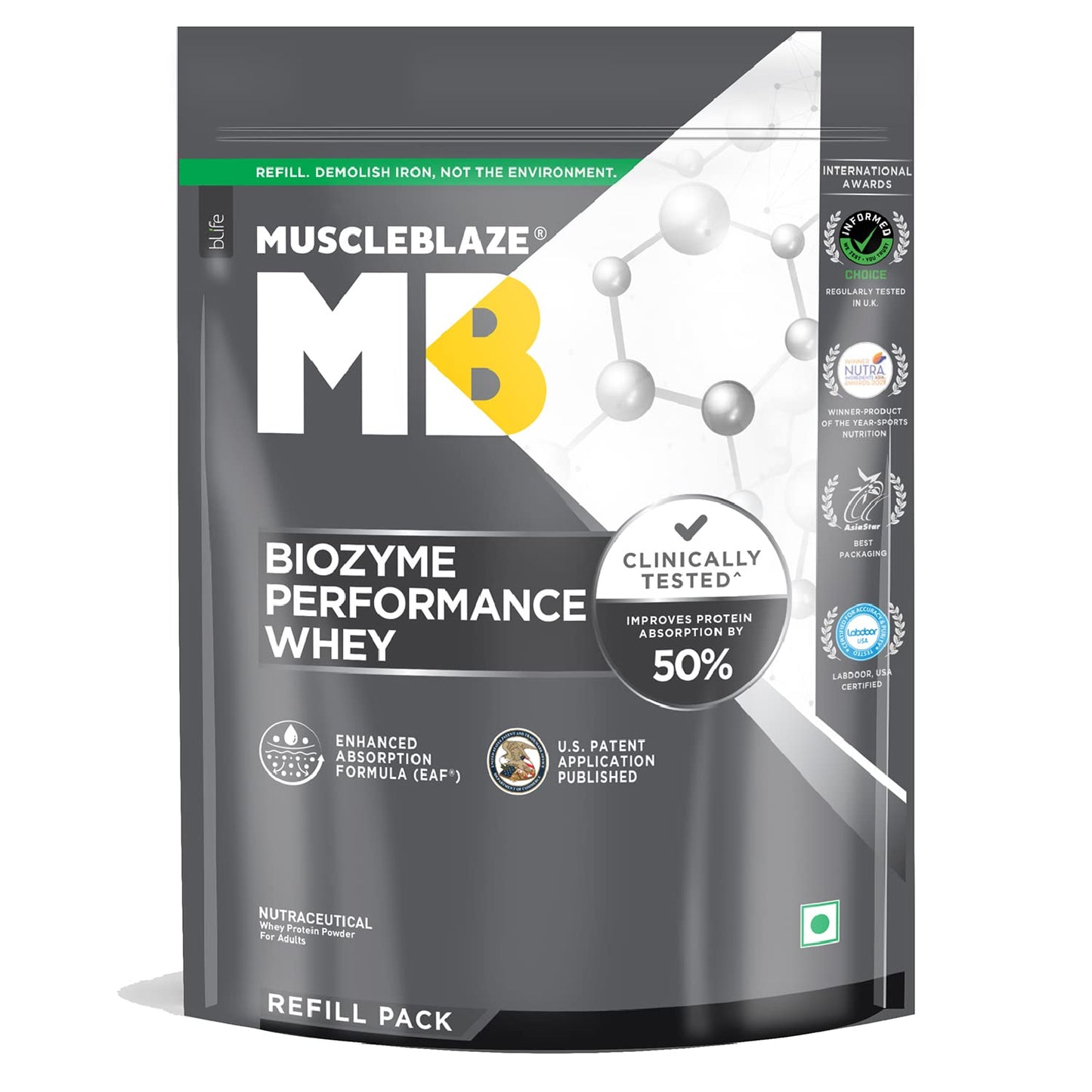 MuscleBlaze Biozyme Performance Whey Protein Powder, Rich Chocolate (1kg / 2.2lbs) | 25g Protein Per Scoop | Clinically Tested 50% Higher Protein Absorption