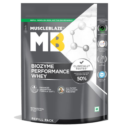 MuscleBlaze Biozyme Performance Whey Protein Powder, Rich Chocolate (1kg / 2.2lbs) | 25g Protein Per Scoop | Clinically Tested 50% Higher Protein Absorption