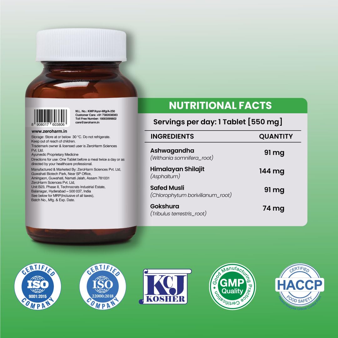 ZEROHARM Nano Himalayan Shilajit With Ashwagandha, Safed Musli & Goksura 60 Veg Tablets, Energy Booster, Stamina, Vigour, Endurance & Performance supplements