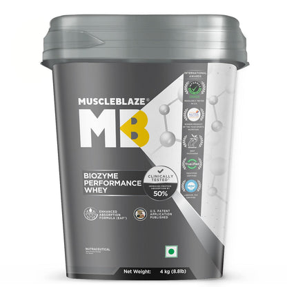 MuscleBlaze Biozyme Performance Whey Protein Powder, Chocolate Hazelnut (2kg / 4.4lbs) | 25g Protein Per Scoop | Clinically Tested 50% Higher Protein Absorption