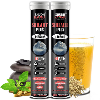 Shudh Kaama Original Himalayan Shilajit (750mg) Effervescent with Ashwagandha, Gokshura & Safed Musli for Strength & Muscle Gain - (Pack of 2) 40 Tablets