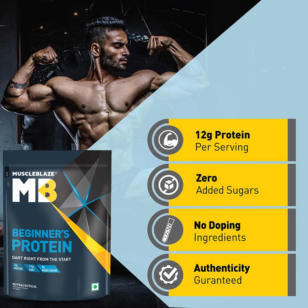 MuscleBlaze Beginner's Whey Protein Powder, Chocolate (1kg / 2.2lbs) | 12g Protein Per Scoop