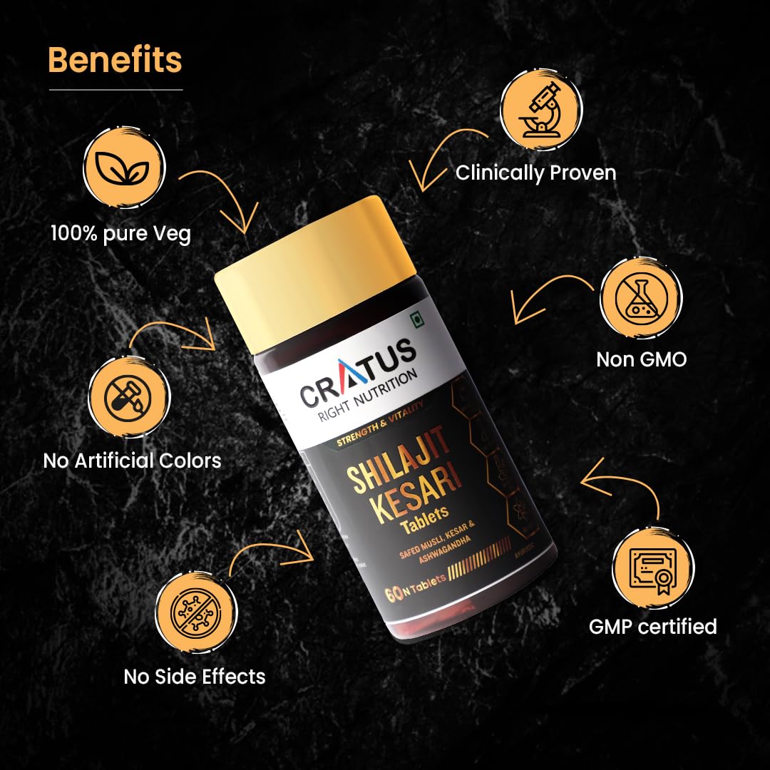 Cratus Right Nutrition - Shilajit - Kesari Vitality Tablets with Ashwagandha & Safed Musli | Boosts Energy, Reduces Stress and acts as a Natural Wellness Supplement for Men and Women - 60 Tablets