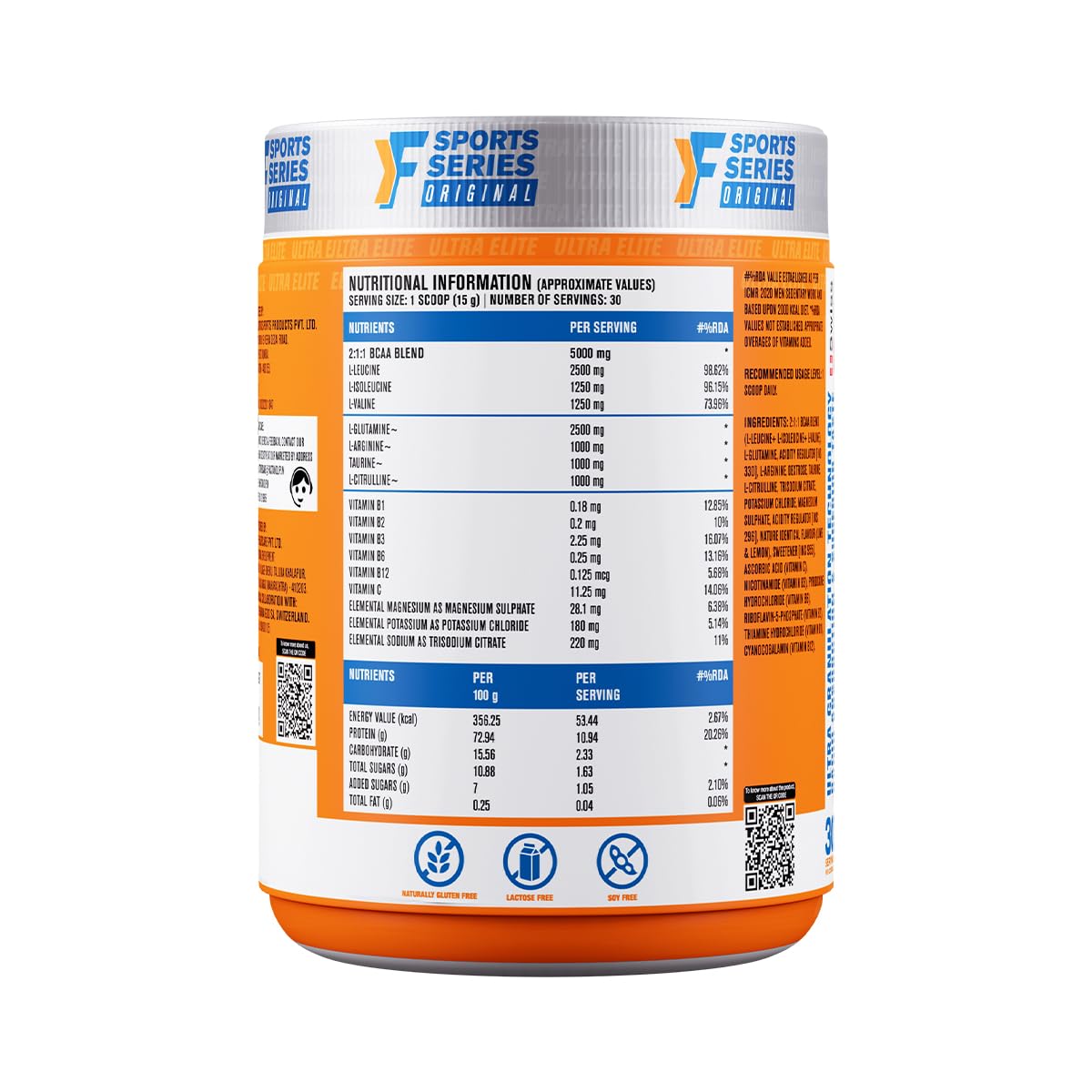 FAST&UP BCAA Lime Lemon Flavour Advanced BCAA Supplement with Glutamine, Citrulline, L-Arginine & Taurine - Pre/Post Workout & Intra Workout Supplement Powder for Adults(450gm, 30 Servings)