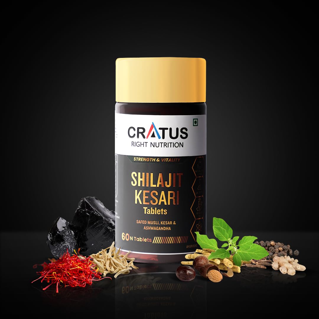 Cratus Right Nutrition - Shilajit - Kesari Vitality Tablets with Ashwagandha & Safed Musli | Boosts Energy, Reduces Stress and acts as a Natural Wellness Supplement for Men and Women - 60 Tablets