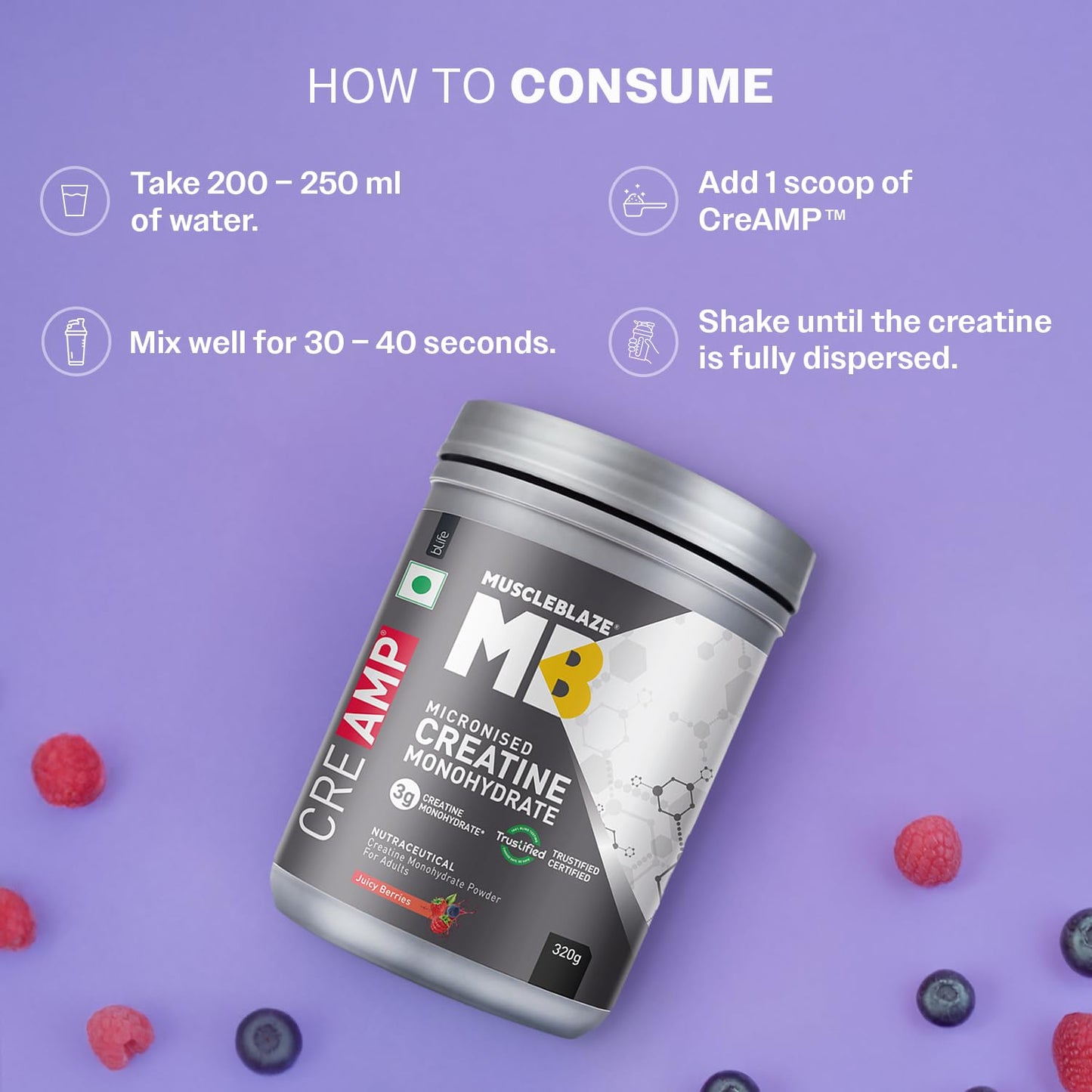 MuscleBlaze Micronised Creatine Monohydrate CreAMP Powder, Juicy Berries (80 Servings, 320g) | Trustified Certified Creatine