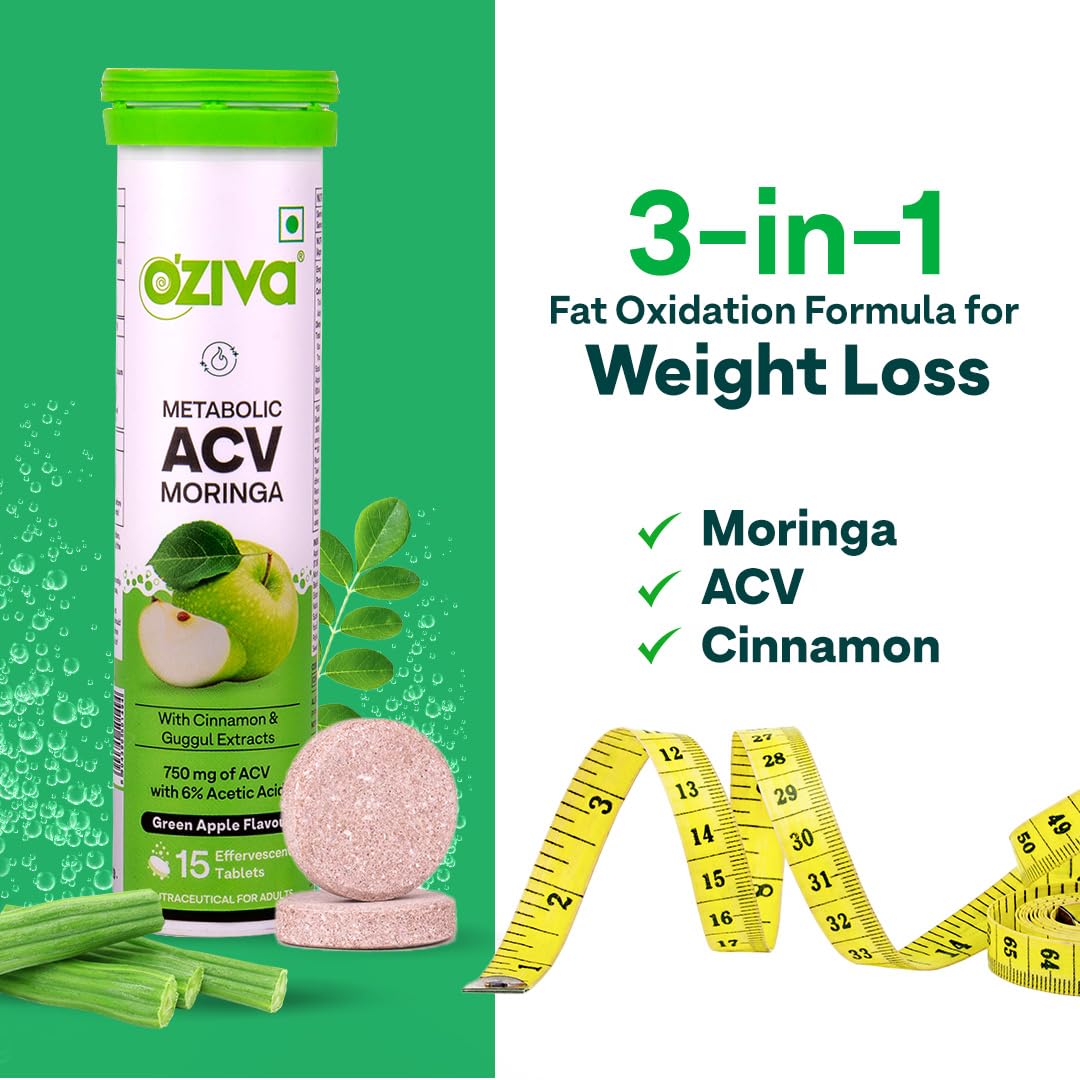 OZiva ACV Moringa | Control Cravings I Apple Cider Vinegar, Cinnamon, Guggul I No Maltodextrin & No Added Sugar I 15 Effervescent Tablets - Green Apple, Pack of 4 (60 tablets).