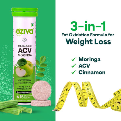 OZiva ACV Moringa | Control Cravings I Apple Cider Vinegar, Cinnamon, Guggul I No Maltodextrin & No Added Sugar I 15 Effervescent Tablets - Green Apple, Pack of 4 (60 tablets).