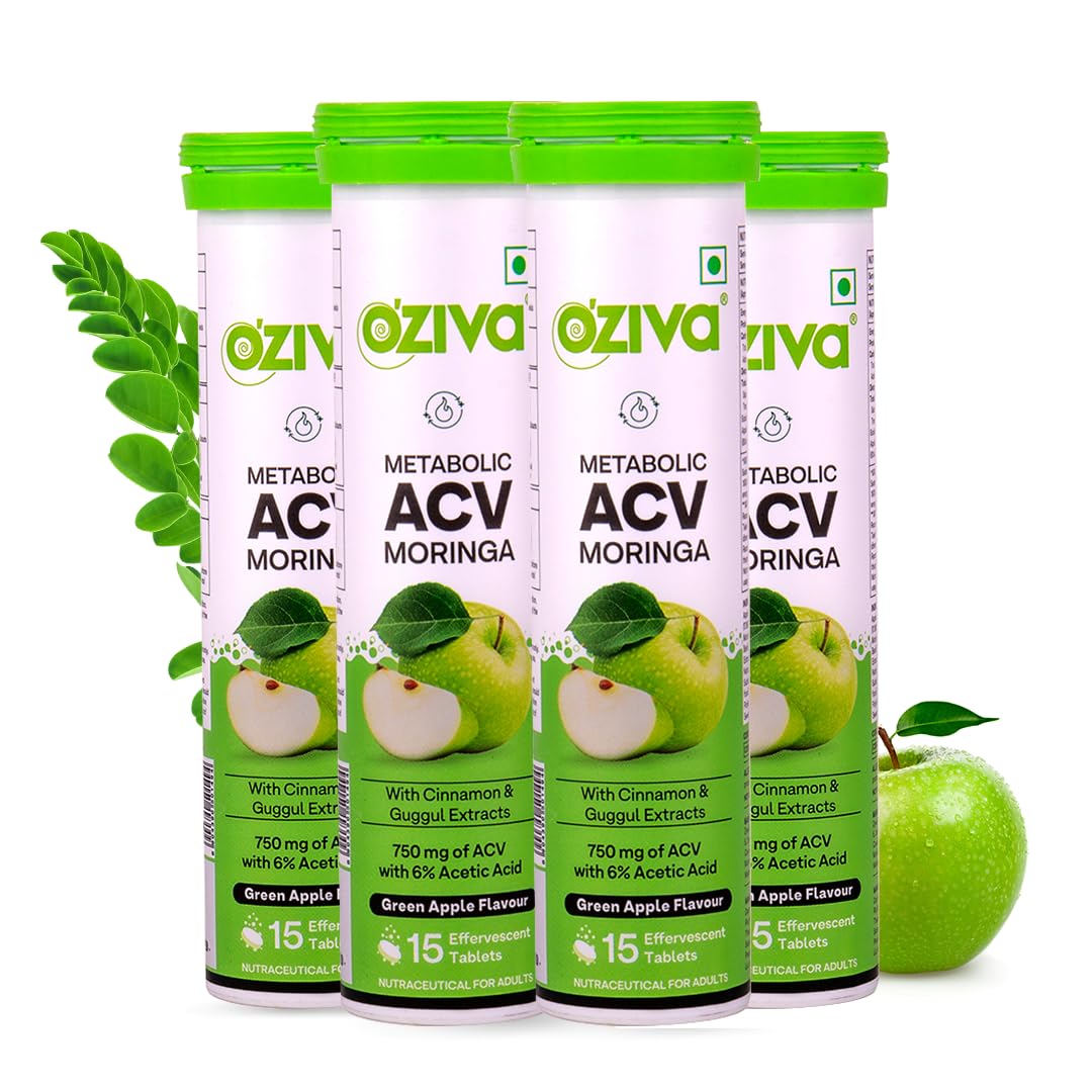 OZiva ACV Moringa | Control Cravings I Apple Cider Vinegar, Cinnamon, Guggul I No Maltodextrin & No Added Sugar I 15 Effervescent Tablets - Green Apple, Pack of 4 (60 tablets).
