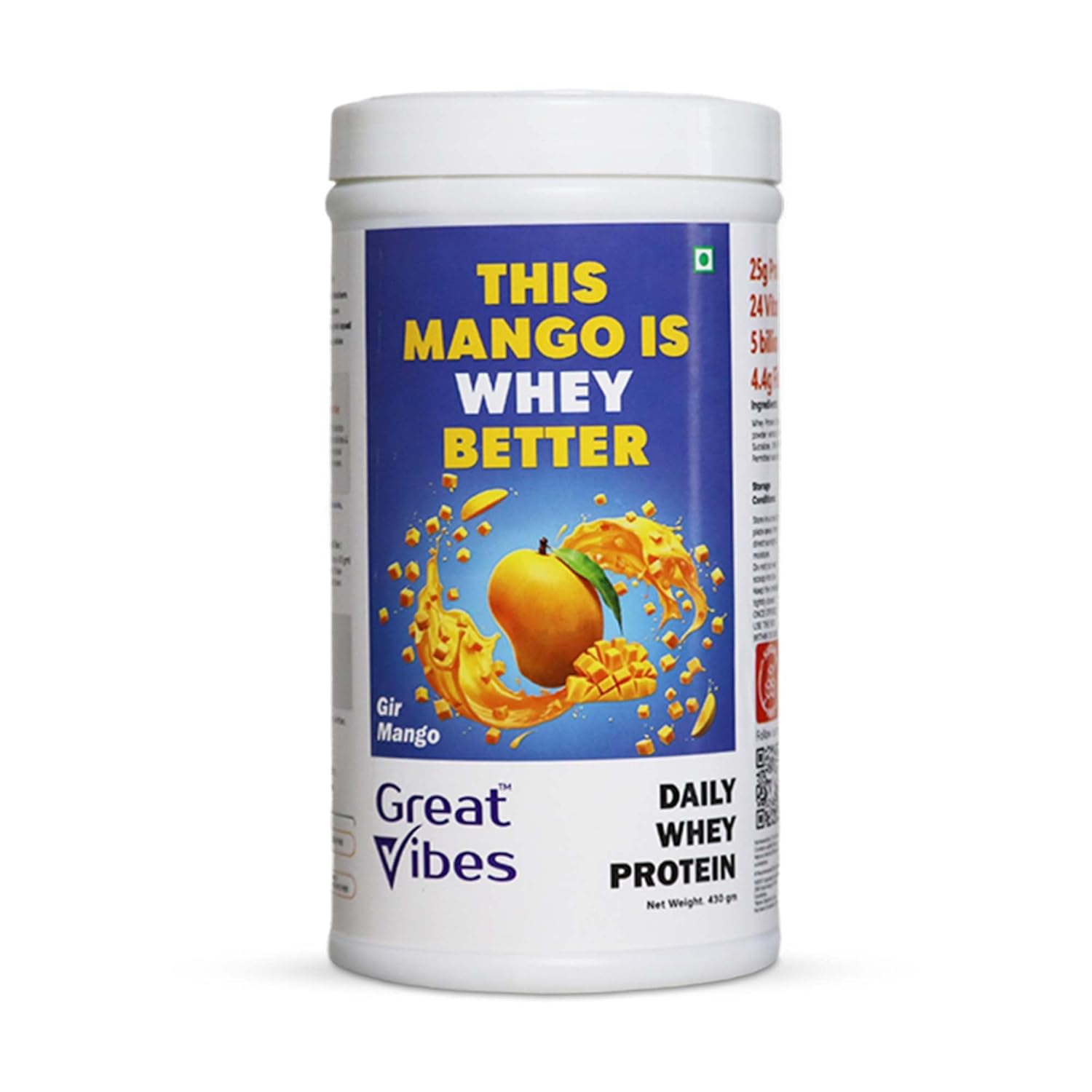 Great Vibes Mango Flavored Whey Protein Concentrate | 25g Protein, 4.5g BCAA & 5B CFU Probiotics & Digestive Enzymes | Zero Sugar Protein Powder for Men & Women For Muscle Gain, Weight Loss & Gut Health
