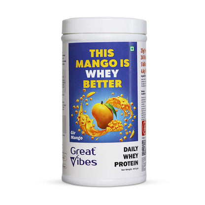 Great Vibes Mango Flavored Whey Protein Concentrate | 25g Protein, 4.5g BCAA & 5B CFU Probiotics & Digestive Enzymes | Zero Sugar Protein Powder for Men & Women For Muscle Gain, Weight Loss & Gut Health