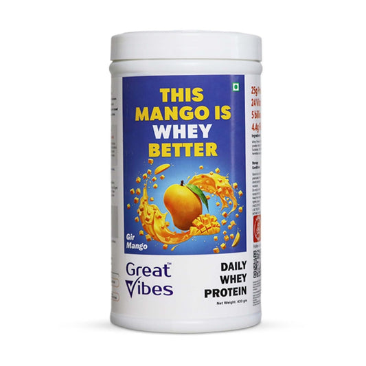 Great Vibes Mango Flavored Whey Protein Concentrate | 25g Protein, 4.5g BCAA & 5B CFU Probiotics & Digestive Enzymes | Zero Sugar Protein Powder for Men & Women For Muscle Gain, Weight Loss & Gut Health
