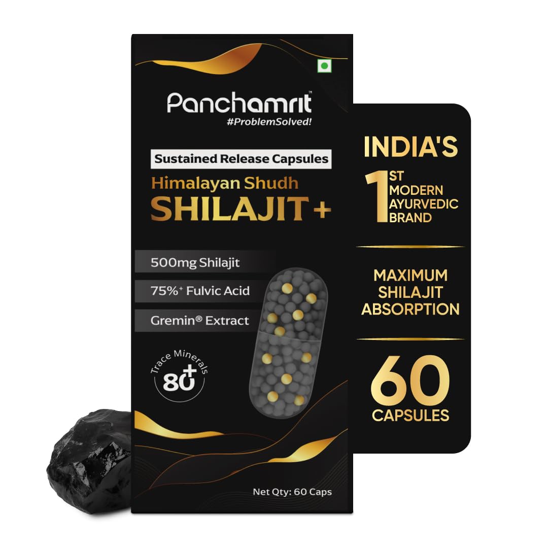 Panchamrit Himalayan Shilajit Sustained Release Capsules for Men & Women | 100% Ayurvedic | 500mg Pure Shilajeet Supplement 75% Fulvic Acid & Ginkgo Biloba | Boosts Energy & Stamina | 120 Caps