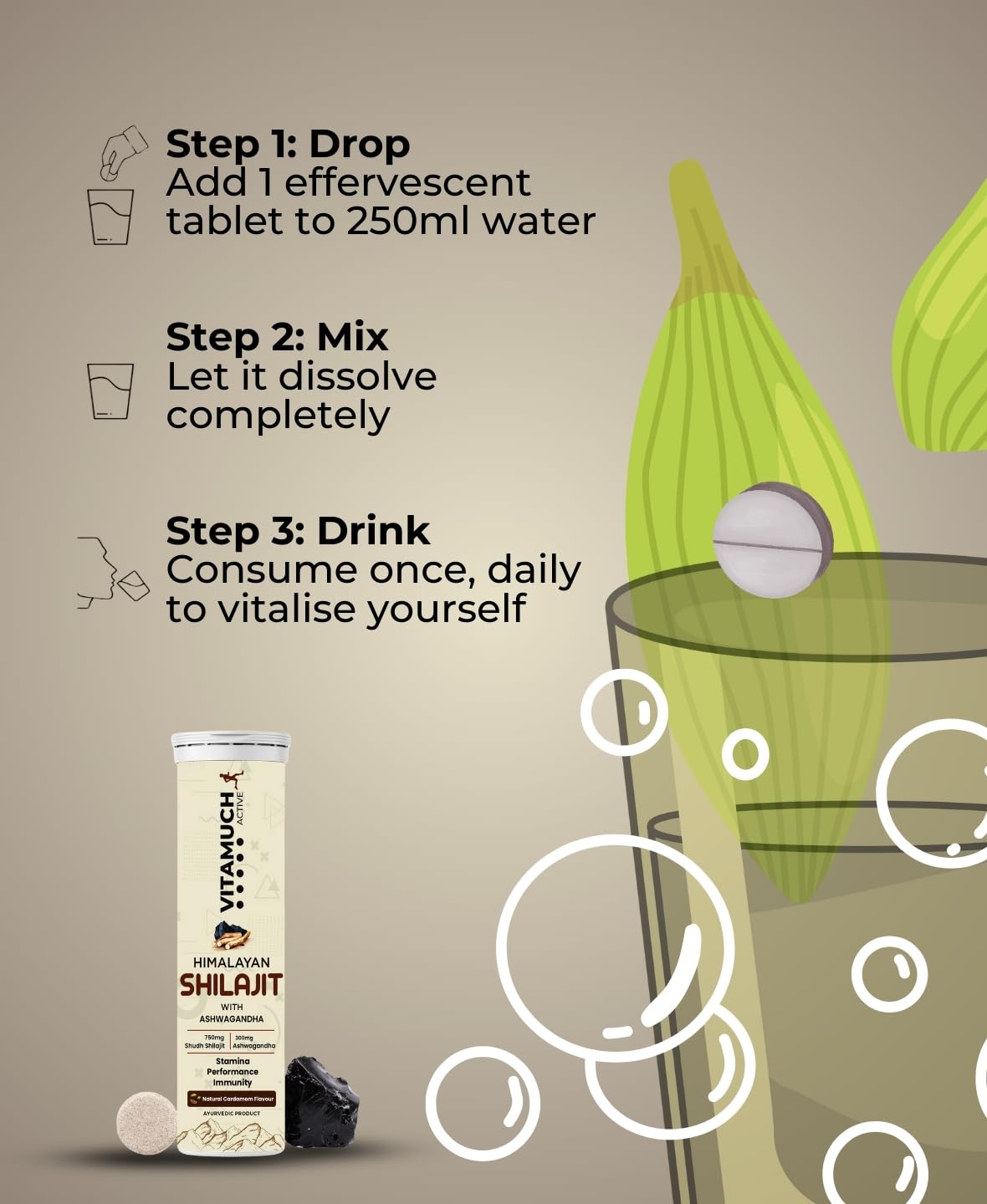 Shilajit Original Effervescent Tablets, With Ashwagandha, Gokshura & Safed Musli for Strength, Performance & Muscle recovery, Natural Cardamom Flavour (30 Day (Pack of 2)-Shilajit)