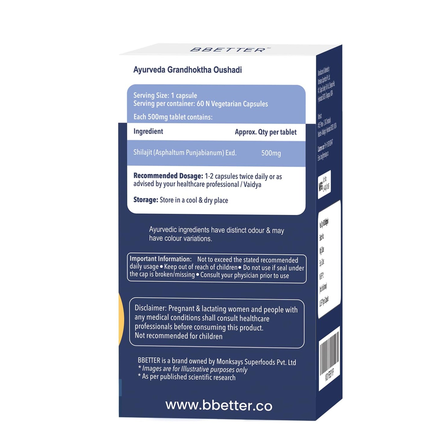 BBETTER Purified Shilajit 500mg | Lab Tested Shilajeet for Stamina, Strength, Muscle & Vitality Support for Men | Supports Healthy Testosterone Level | Pure Himalayan Shilajit Extract - 60 Capsules