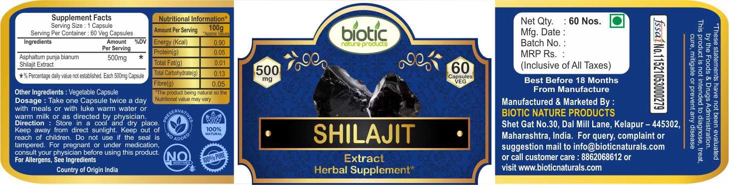 Biotic Natural Shilajit Capsules - Shilajeet Extract 500mg - 120 Veg Capsules