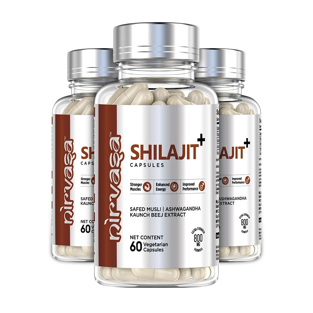 Nirvasa Pure Shilajit/Shilajeet (800mg) 3x60 Capsules | Boost Strength, Stamina, Energy & Immunity | Supports Vitality, Performance & Muscle Growth | Ashwagandha, Safed Musli & Kaunch Beej (Pack of 3)