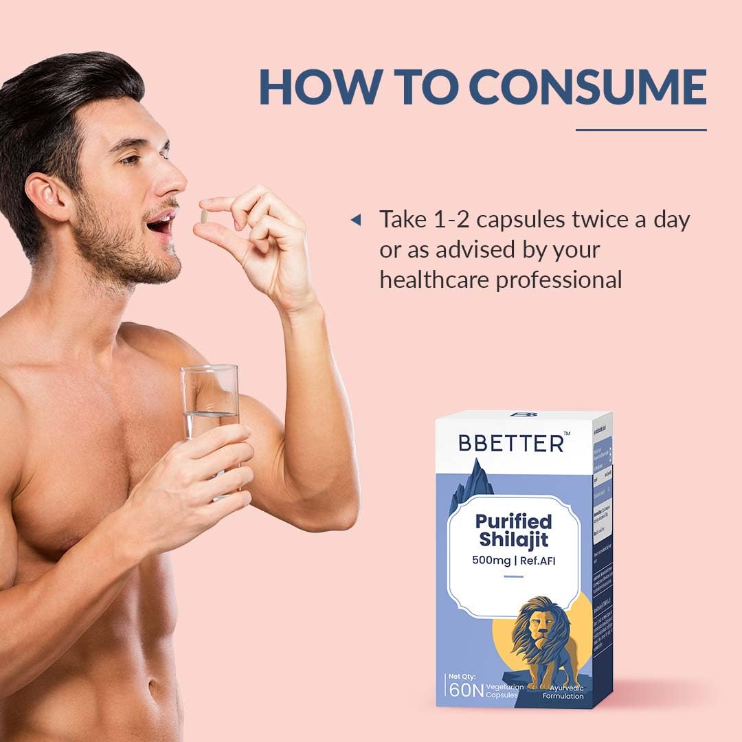 BBETTER Purified Shilajit 500mg | Lab Tested Shilajeet for Stamina, Strength, Muscle & Vitality Support for Men | Supports Healthy Testosterone Level | Pure Himalayan Shilajit Extract - 60 Capsules
