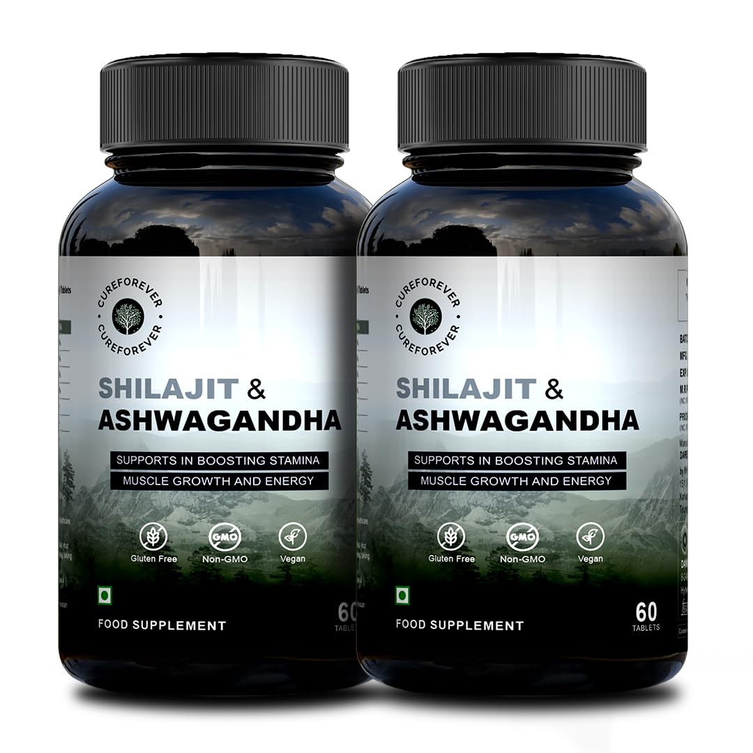 CUREFOREVER Shilajit & Ashwagandha Tablets 1000mg/Serving - Natural Ayurvedic Formula to Support Energy, Muscle Growth & Stamina, Natural Stress Relief Tablets | Himalyan Shilaijt/Shilajeet for Men (60 Count (Pack of 2))