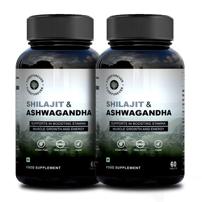 CUREFOREVER Shilajit & Ashwagandha Tablets 1000mg/Serving - Natural Ayurvedic Formula to Support Energy, Muscle Growth & Stamina, Natural Stress Relief Tablets | Himalyan Shilaijt/Shilajeet for Men