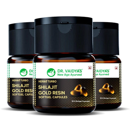 Dr. Vaidya's Herbo24Turbo Shilajit Gold Resin Softgel Capsules | 30 Ayurvedic Capsules for Strength, Stamina & Energy in Men | Enriched with Pure Shilajit for Men & 24K Gold Bhasma (Pack of 1)