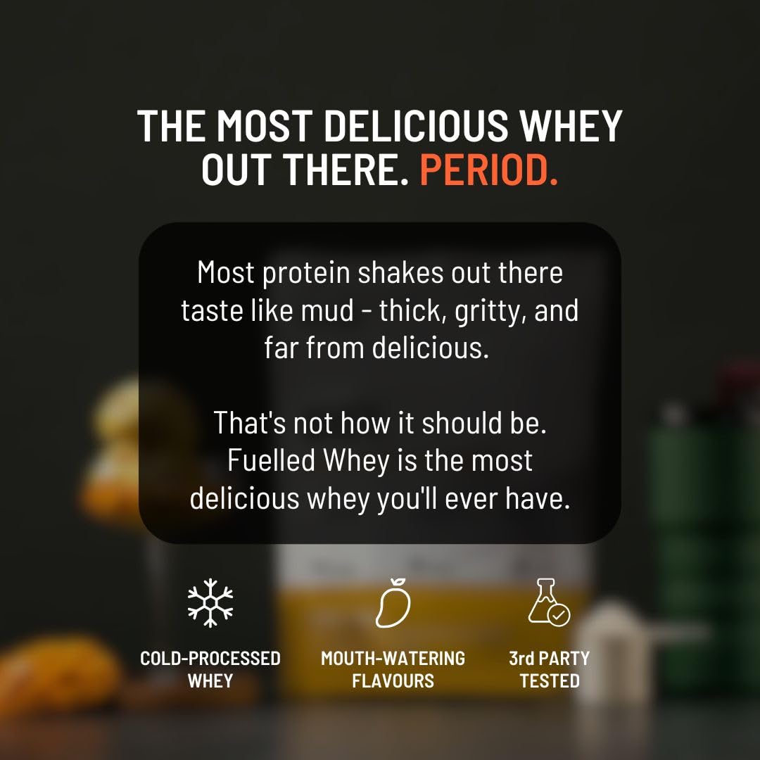 FUELLED Whey Protein Powder Concentrate & Isolate with 24 g Protein, 5 g BCAA (1 kg, 30 Servings) Lab Tested (Mango Ice Cream)