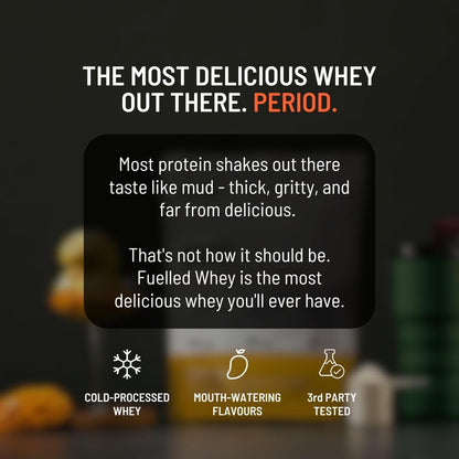 FUELLED Whey Protein Powder Concentrate & Isolate with 24 g Protein, 5 g BCAA (1 kg, 30 Servings) Lab Tested (Mango Ice Cream)