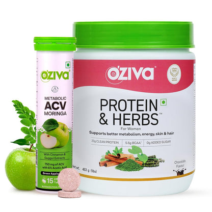 OZiva ACV Moringa | Control Cravings I Apple Cider Vinegar, Cinnamon, Guggul I No Maltodextrin & No Added Sugar I 15 Effervescent Tablets - Green Apple, Pack of 4 (60 tablets).